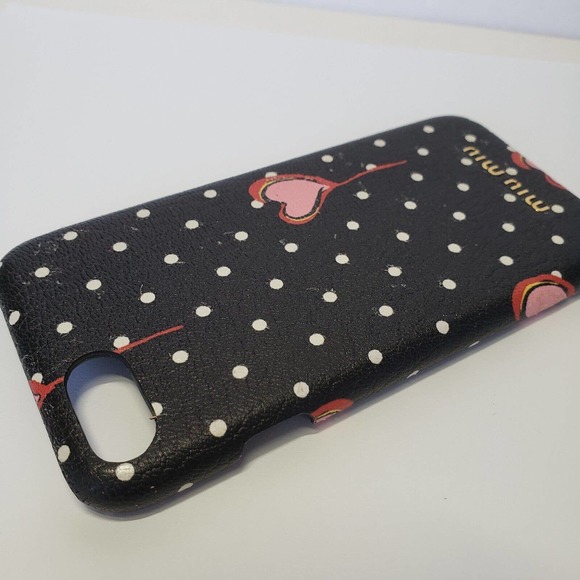 Miu Miu Iphone Apple 7 Cell Phone Case Hard Cover Hearts Black Polka Dot Snap - Picture 7 of 7